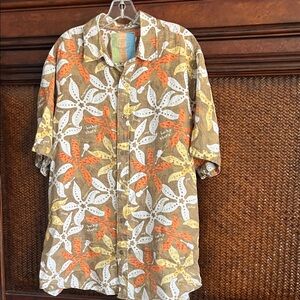 Margaritaville Brown Button-Up Shirt with White and Orange Floral Print